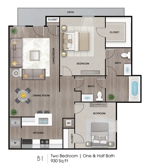 Floor plan for 2 beds, 2 baths, 930 sqft